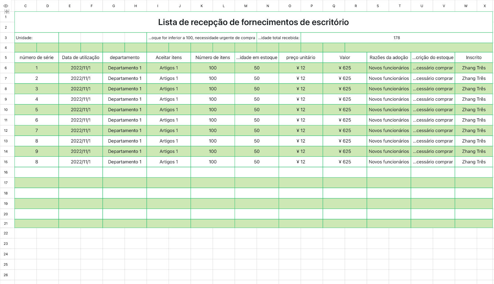 Lista de recepção de fornecimentos de escritório